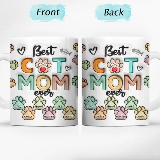母の日祝 Cat Mom Cat Dad - 個性化された3D膨らませ効果プリントマグ 足と名前·白いマグカップ - Fallook