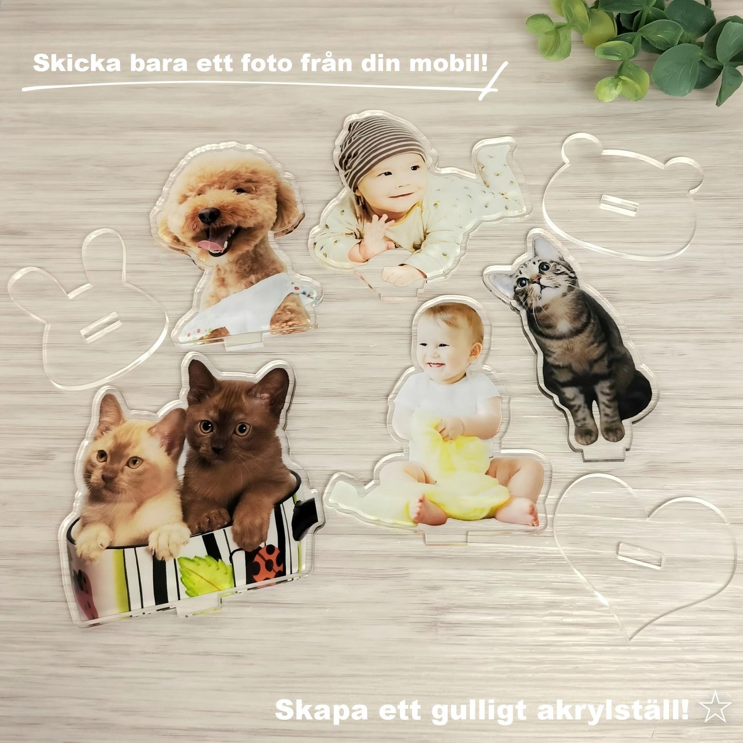 Anpassat akrylställ i transparent akryl, dekorativ souvenir, födelsedagspresent, husdjur (katt och hund), nyckelring, animefigur och seriefigur.