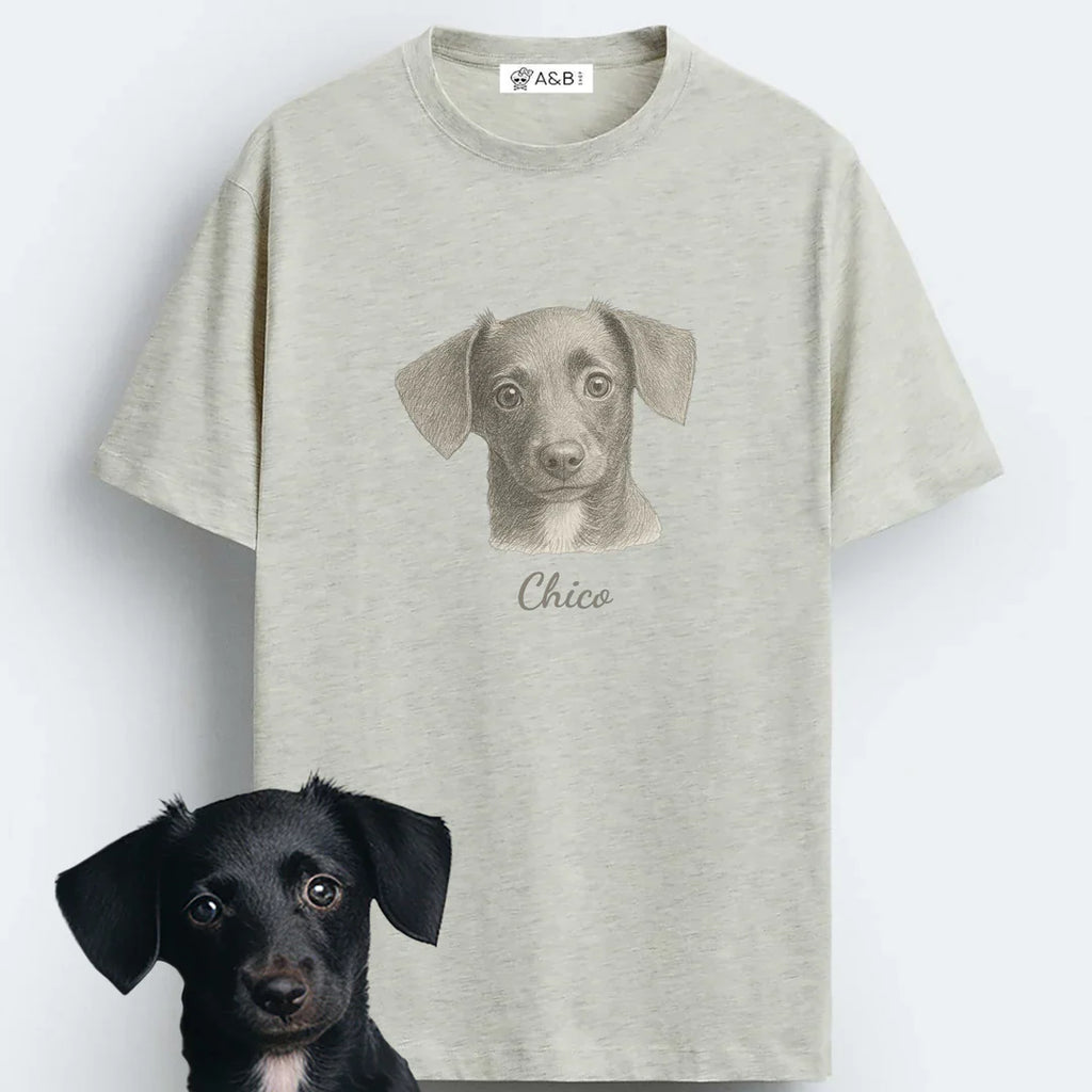 Personlig T-shirt med stort husdjurstryck – Skräddarsytt foto i minimalistisk linjekonst