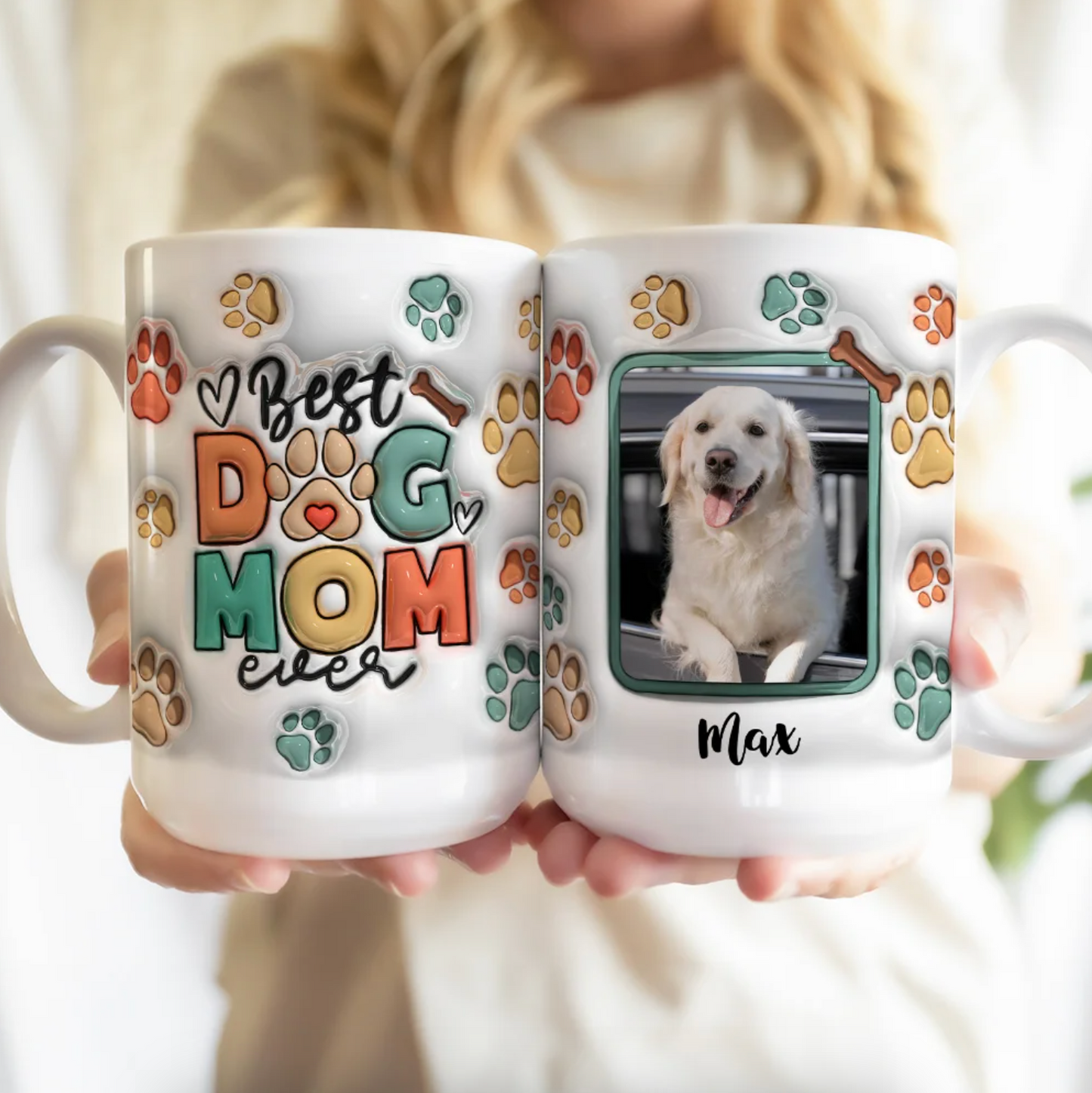 母の日祝 Dog Mom Dog Dad - 個性化された3D膨らませ効果プリントマグ クロースタイル 骨·白いマグカップ - Fallook