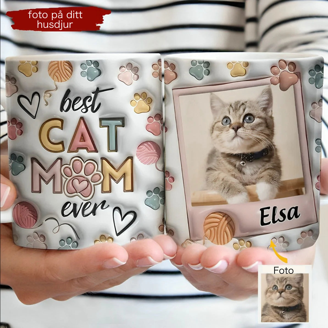 Mors dag-present till Cat Mom & Cat Dad – Personlig vit mugg med 3D-pufftryck