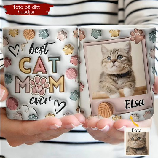 Mors dag-present till Cat Mom & Cat Dad – Personlig vit mugg med 3D-pufftryck