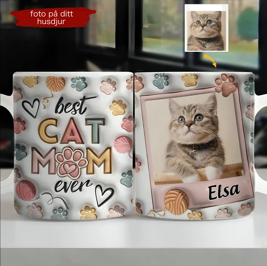 Mors dag-present till Cat Mom & Cat Dad – Personlig vit mugg med 3D-pufftryck