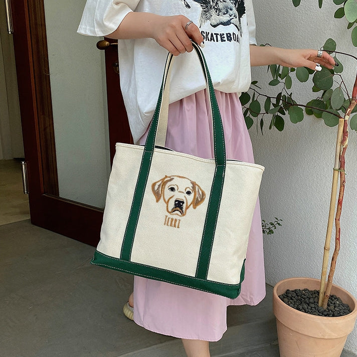 片面刺繡♪名入れペット写真 カスタムペット顔刺繍キャンバストートバッグ - Fallook