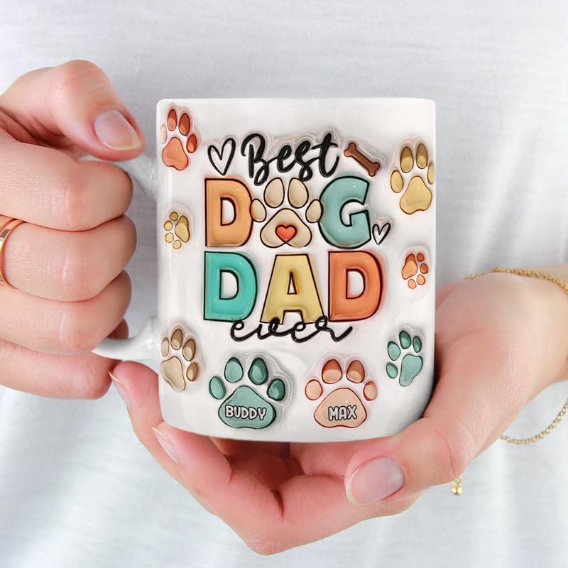 母の日祝 Dog Mom Dog Dad - 個性化された3D膨らませ効果プリントマグ 足と名前·白いマグカップ - Fallook