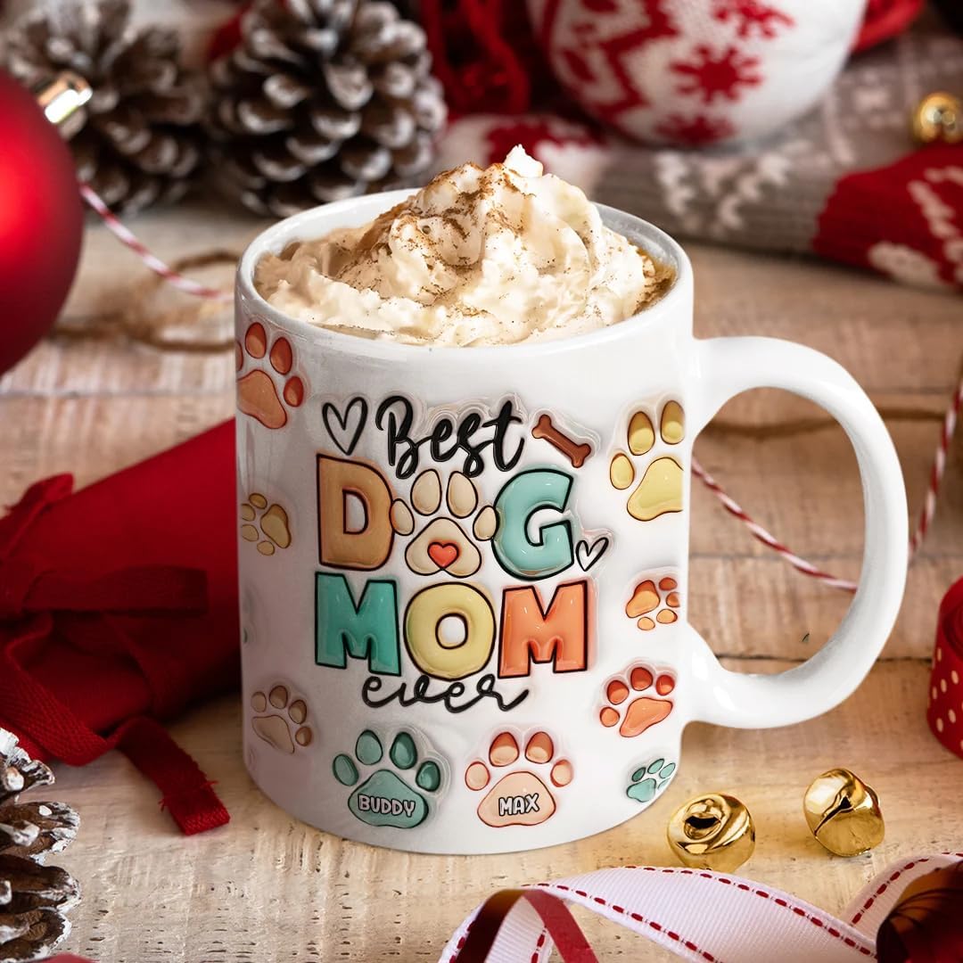 母の日祝 Dog Mom Dog Dad - 個性化された3D膨らませ効果プリントマグ 足と名前·白いマグカップ - Fallook