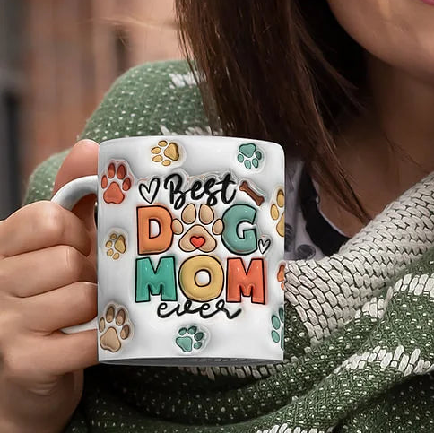 母の日祝 Dog Mom Dog Dad - 個性化された3D膨らませ効果プリントマグ クロースタイル 骨·白いマグカップ - Fallook