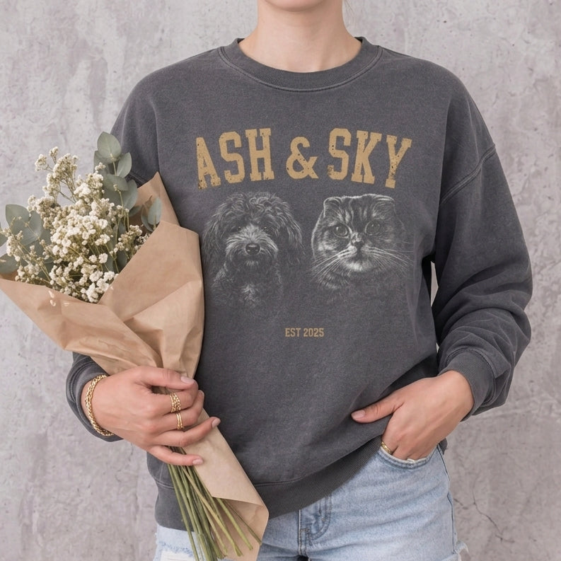 Personlig Sweatskjorta med Hundporträtt i Vintagestil – Skräddarsydd med Namn & Årtal