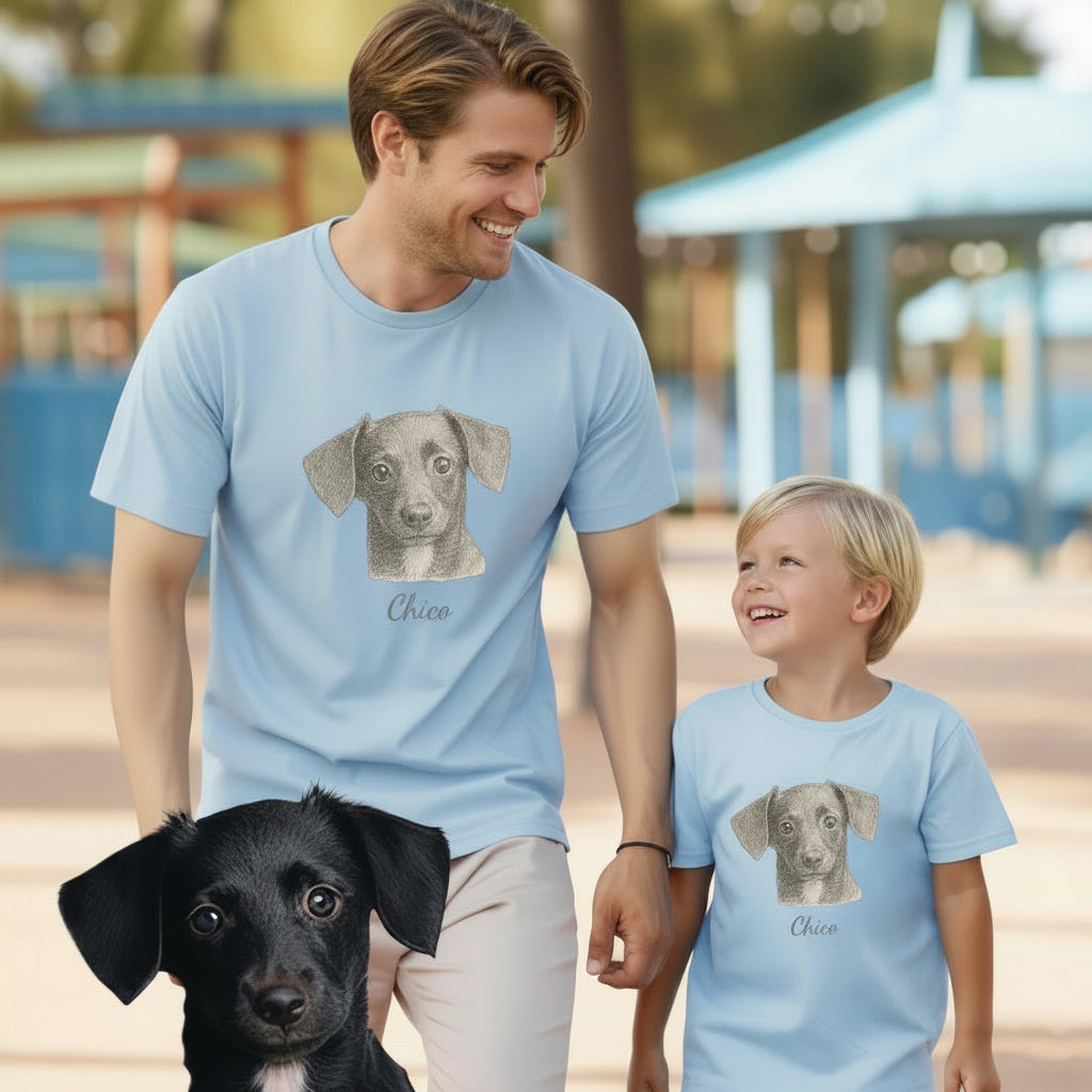 Personlig T-shirt med stort husdjurstryck – Skräddarsytt foto i minimalistisk linjekonst