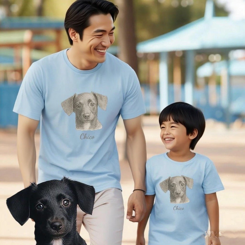 Personlig T-shirt med stort husdjurstryck – Skräddarsytt foto i minimalistisk linjekonst