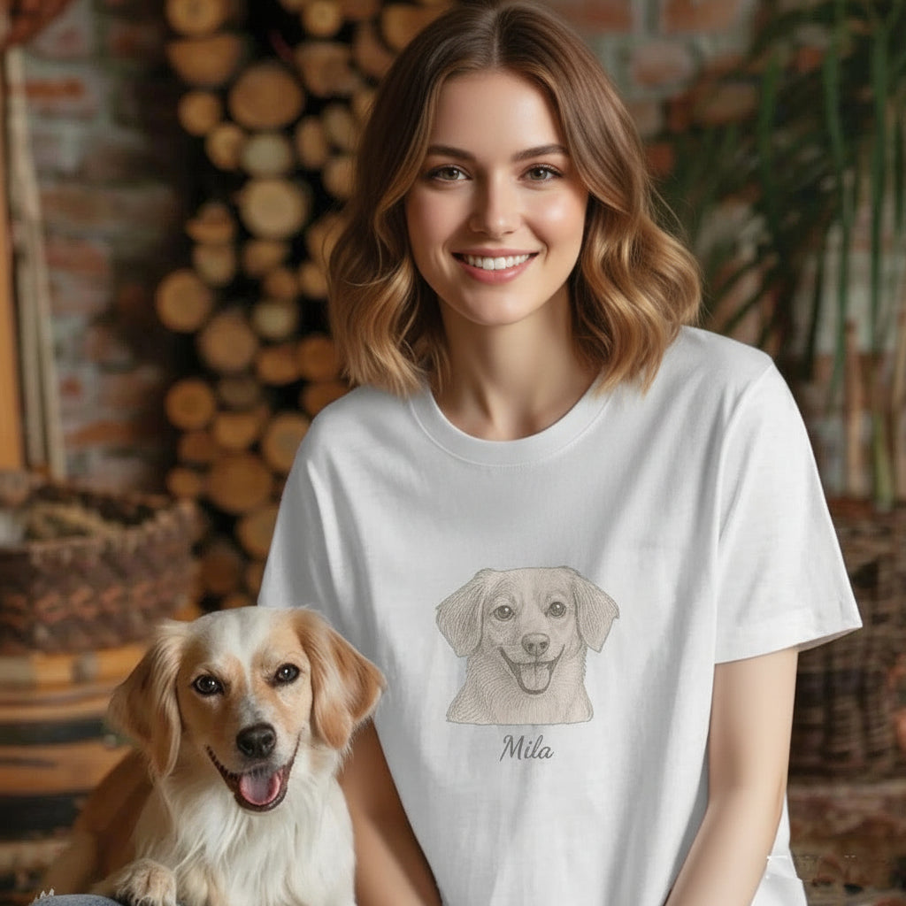 Personlig T-shirt med stort husdjurstryck – Skräddarsytt foto i minimalistisk linjekonst