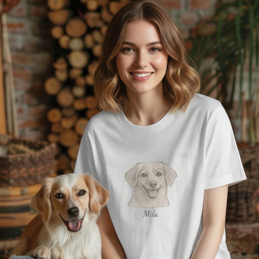 Personlig T-shirt med stort husdjurstryck – Skräddarsytt foto i minimalistisk linjekonst