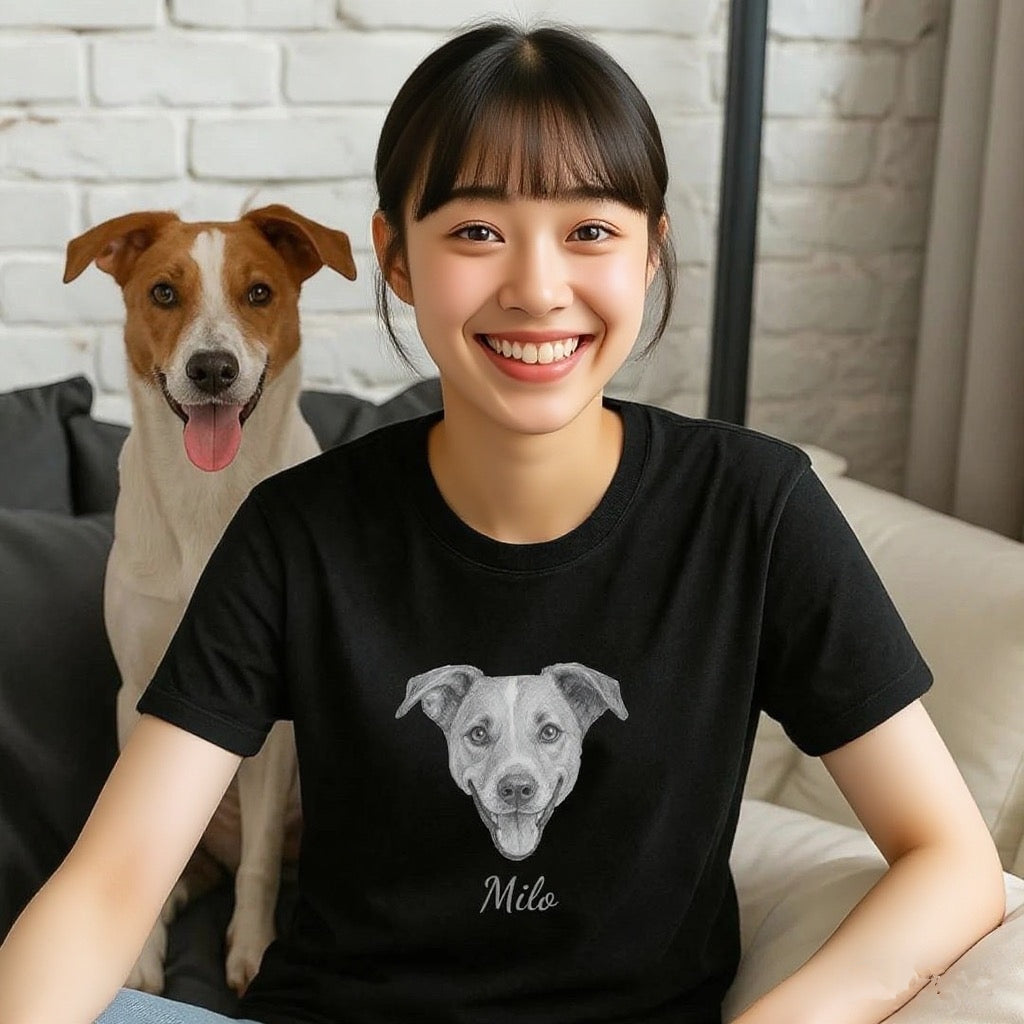 Personlig T-shirt med stort husdjurstryck – Skräddarsytt foto i minimalistisk linjekonst