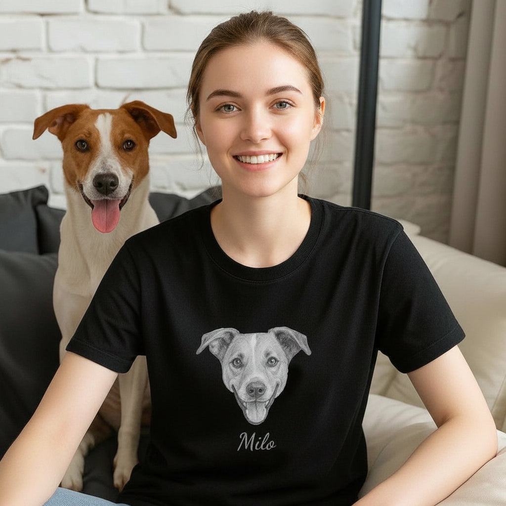 Personlig T-shirt med stort husdjurstryck – Skräddarsytt foto i minimalistisk linjekonst