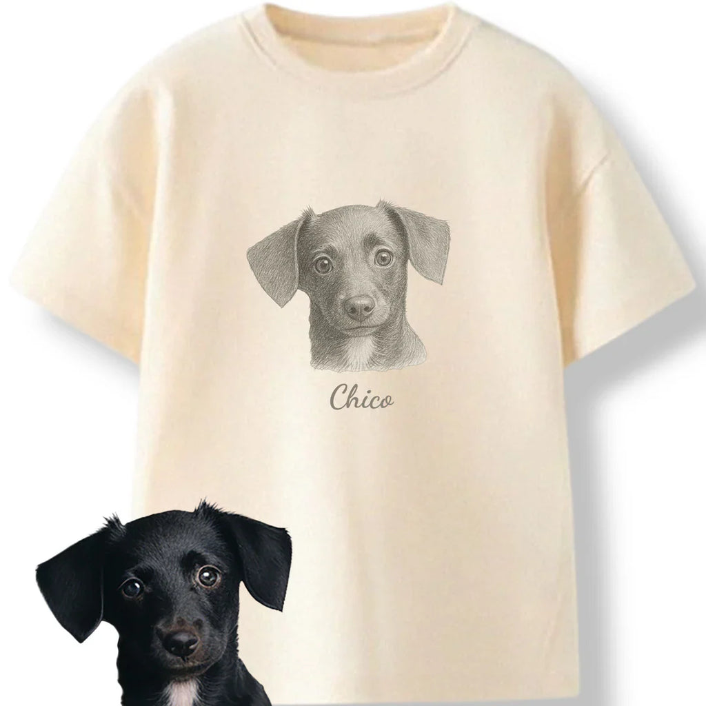 Personlig T-shirt med stort husdjurstryck – Skräddarsytt foto i minimalistisk linjekonst