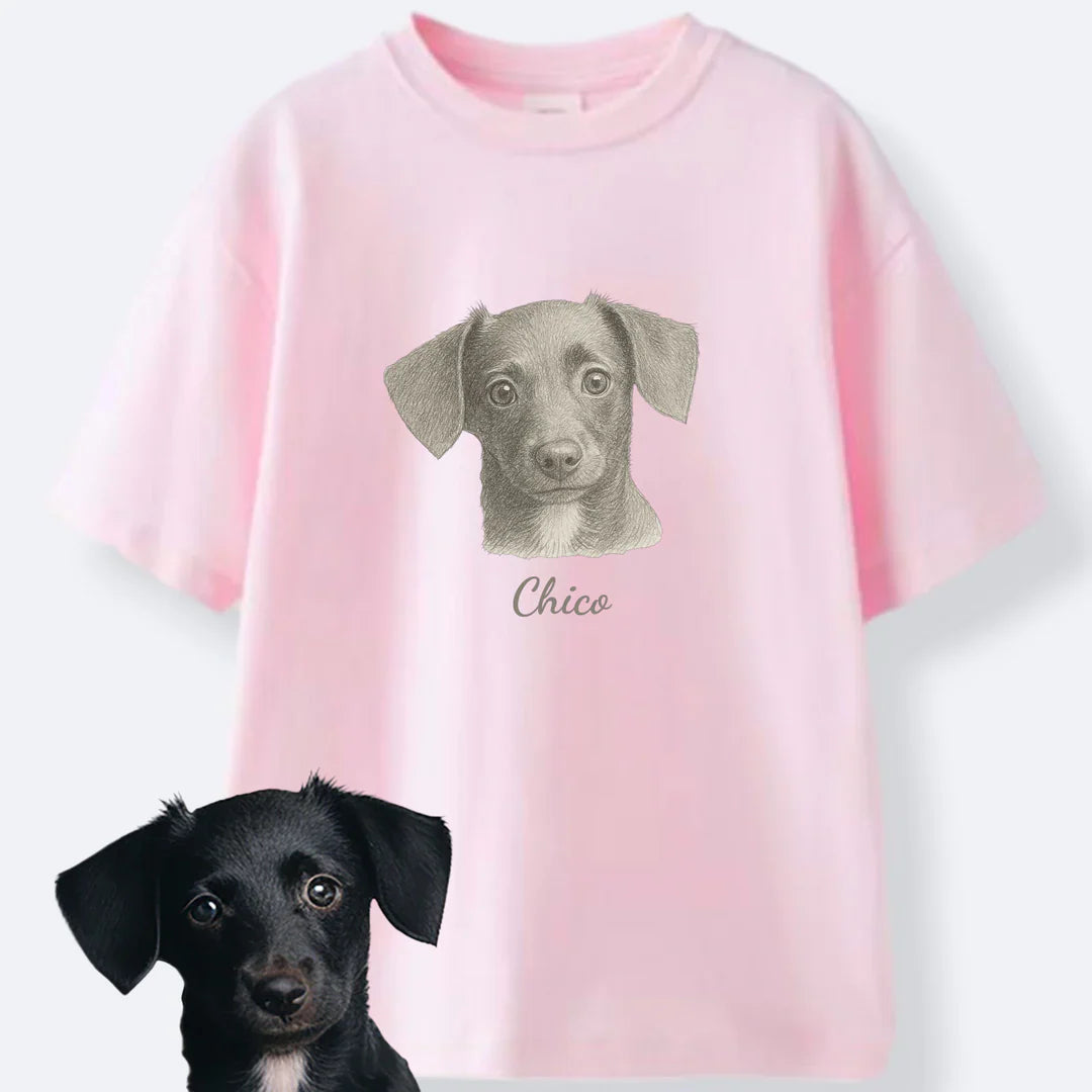 Personlig T-shirt med stort husdjurstryck – Skräddarsytt foto i minimalistisk linjekonst