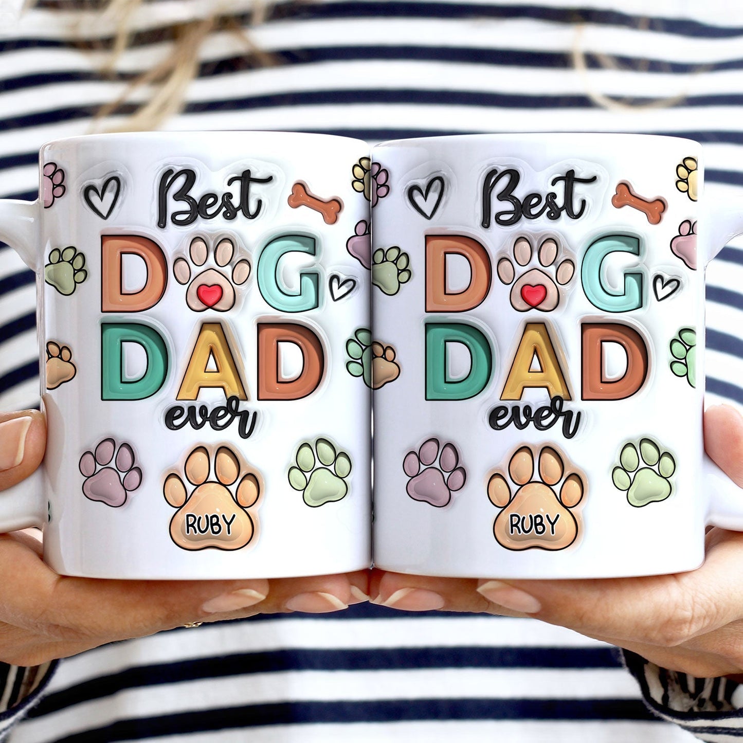 母の日祝 Dog Mom Dog Dad - 個性化された3D膨らませ効果プリントマグ 足と名前·白いマグカップ - Fallook