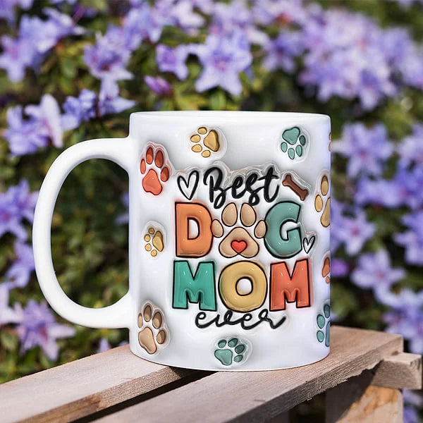 母の日祝 Dog Mom Dog Dad - 個性化された3D膨らませ効果プリントマグ クロースタイル 骨·白いマグカップ - Fallook