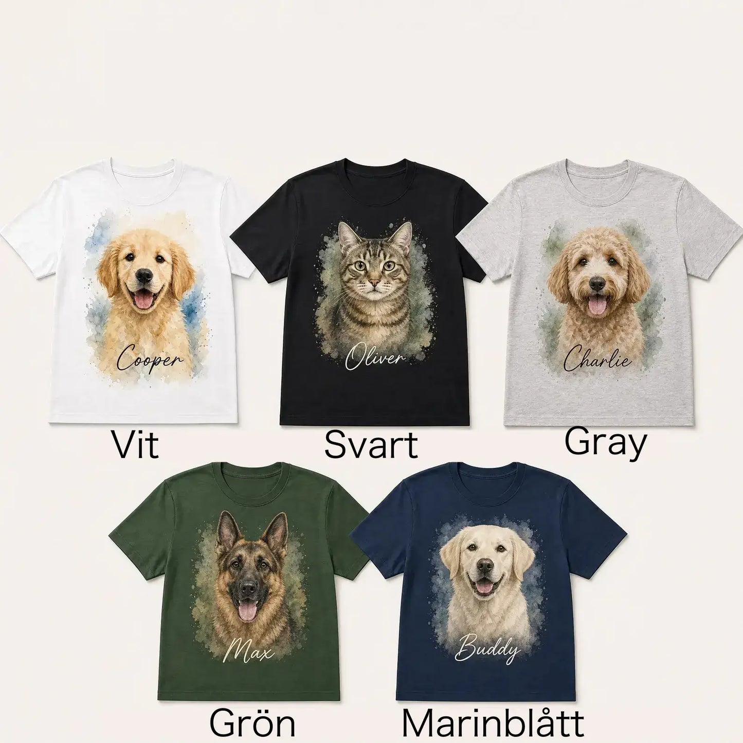 Personlig akvarell-T-shirt med ditt husdjurs porträtt