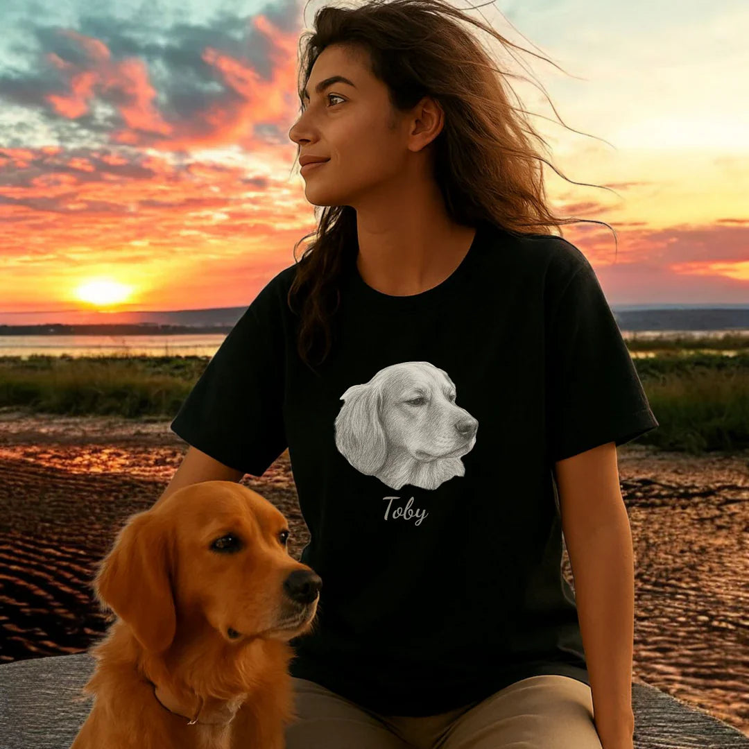 Personlig T-shirt med stort husdjurstryck – Skräddarsytt foto i minimalistisk linjekonst