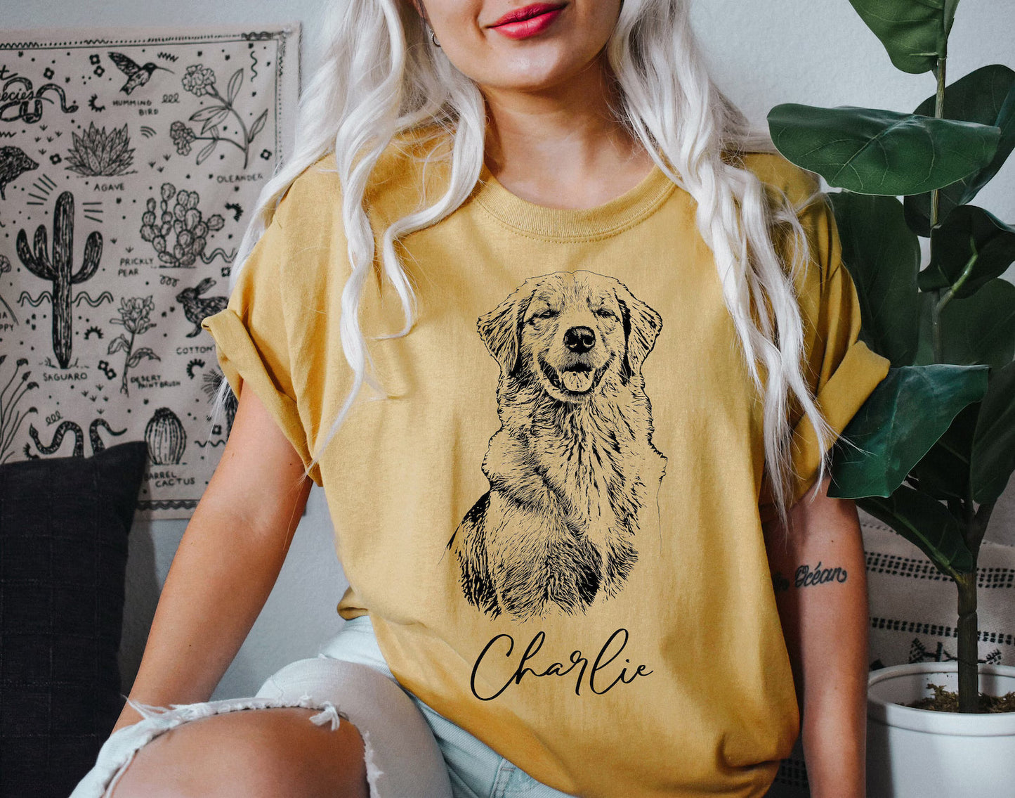 【Black & White】Personlig t-shirt med stort husdjurstryck och namn