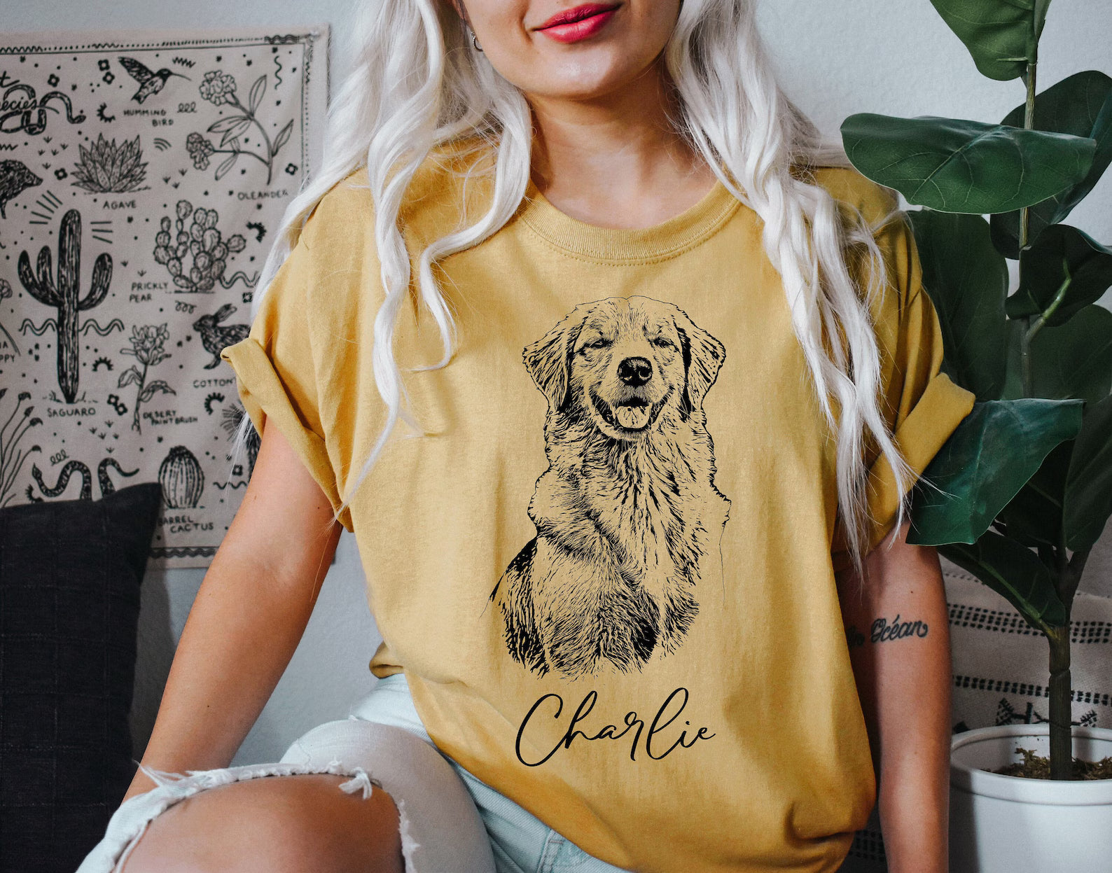 【Black & White】Personlig t-shirt med stort husdjurstryck och namn