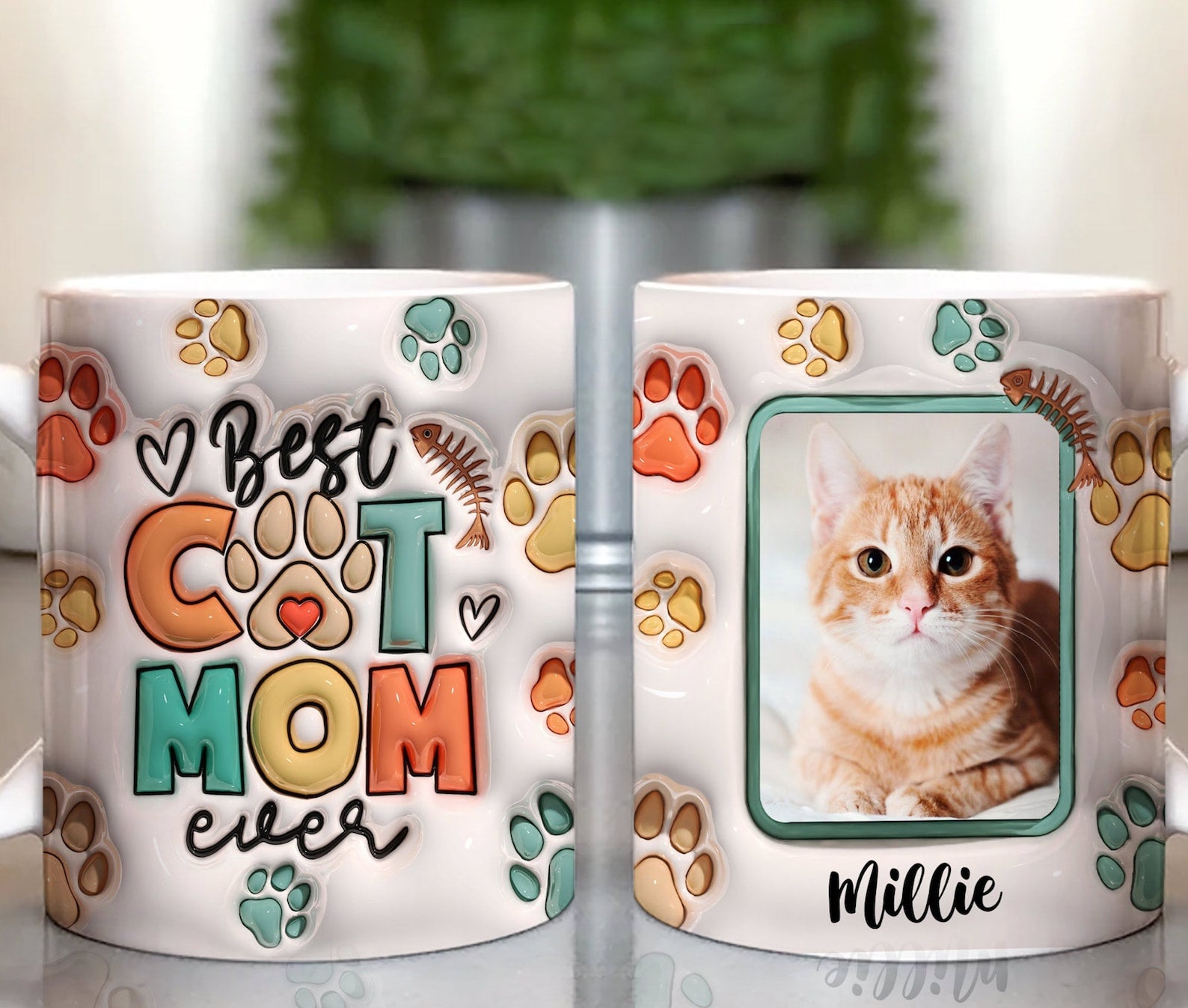 母の日祝 Cat Mom Cat Dad - 個性化された3D膨らませ効果プリントマグ クロースタイル·白いマグカップ - Fallook