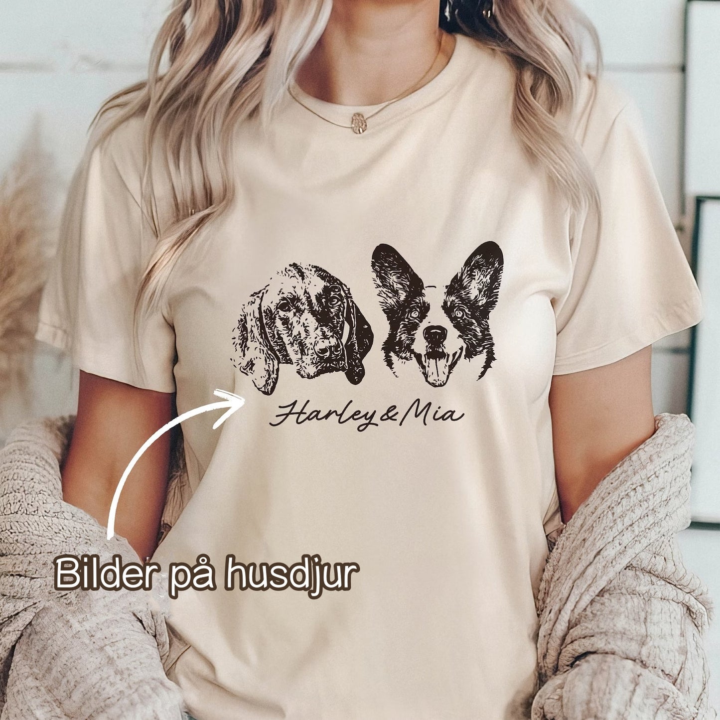 【Black & White】Personlig t-shirt med stort husdjurstryck och namn