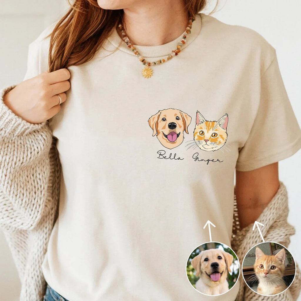 Personlig T-shirt med husdjursmotiv – Skräddarsytt foto i linjekonst & tecknad stil