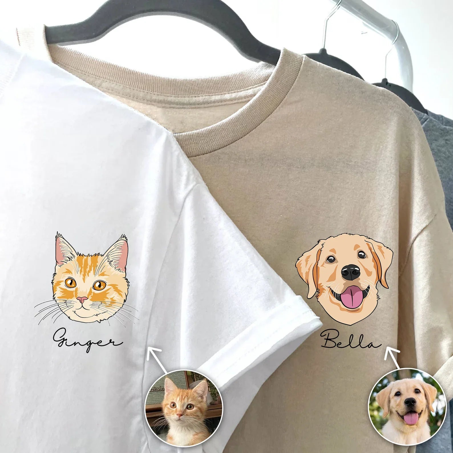 Personlig T-shirt med husdjursmotiv – Skräddarsytt foto i linjekonst & tecknad stil