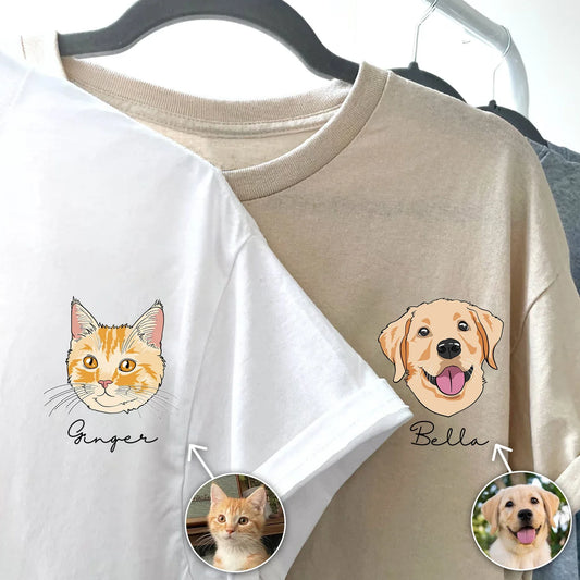 Personlig T-shirt med husdjursmotiv – Skräddarsytt foto i linjekonst & tecknad stil