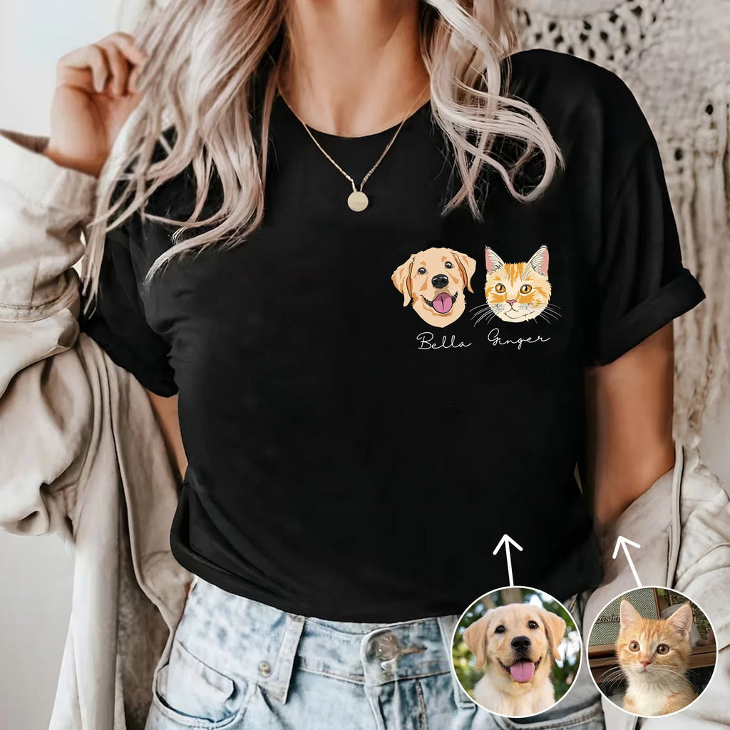 Personlig T-shirt med husdjursmotiv – Skräddarsytt foto i linjekonst & tecknad stil