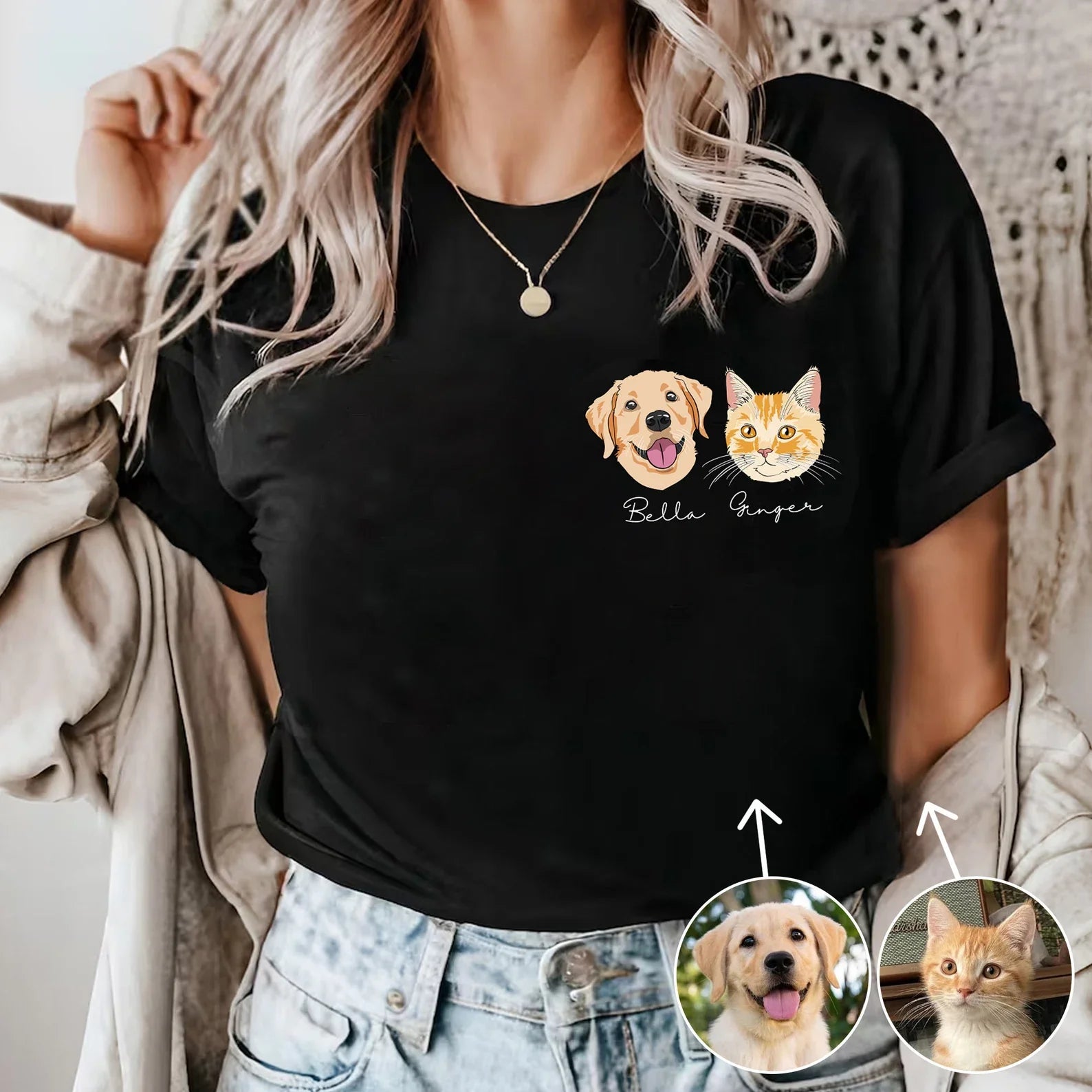 Personlig T-shirt med husdjursmotiv – Skräddarsytt foto i linjekonst & tecknad stil