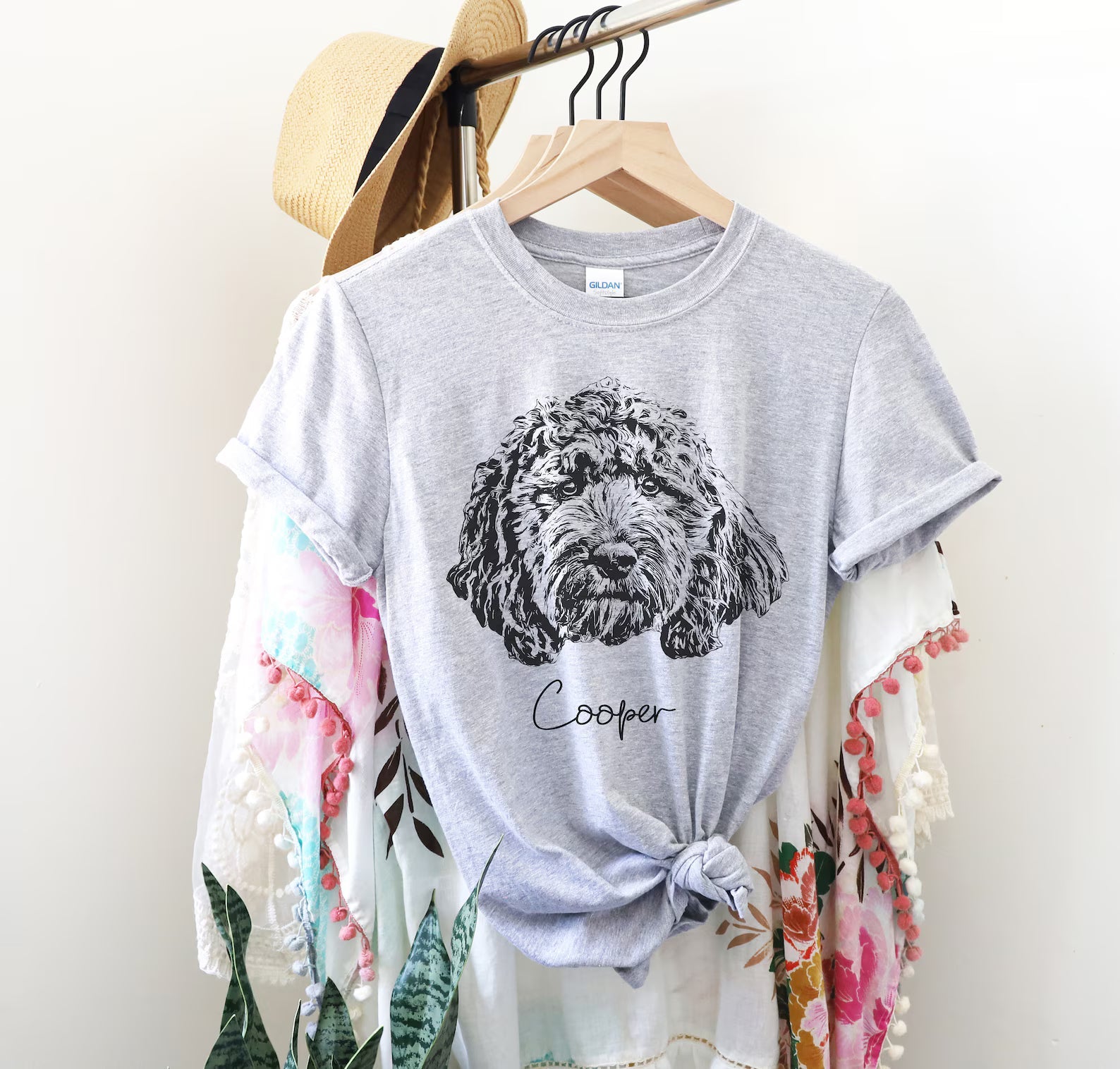 【Black & White】Personlig t-shirt med stort husdjurstryck och namn