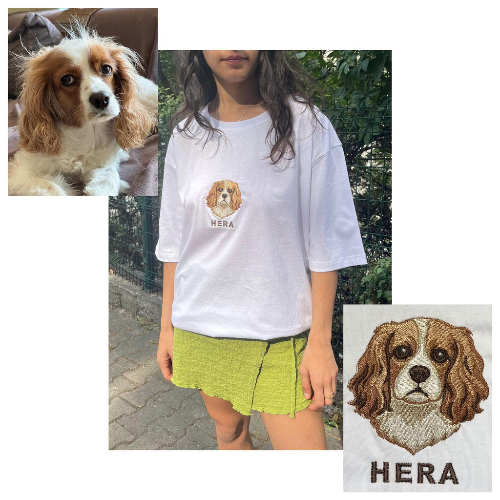 New Arrival! Personlig broderad t-shirt med husdjursfoto – Centrerat broderi