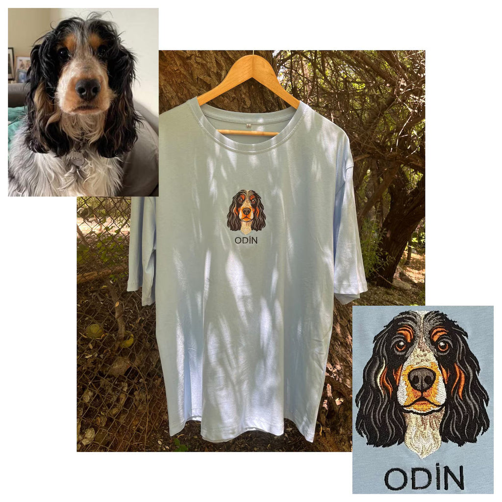 New Arrival! Personlig broderad t-shirt med husdjursfoto – Centrerat broderi