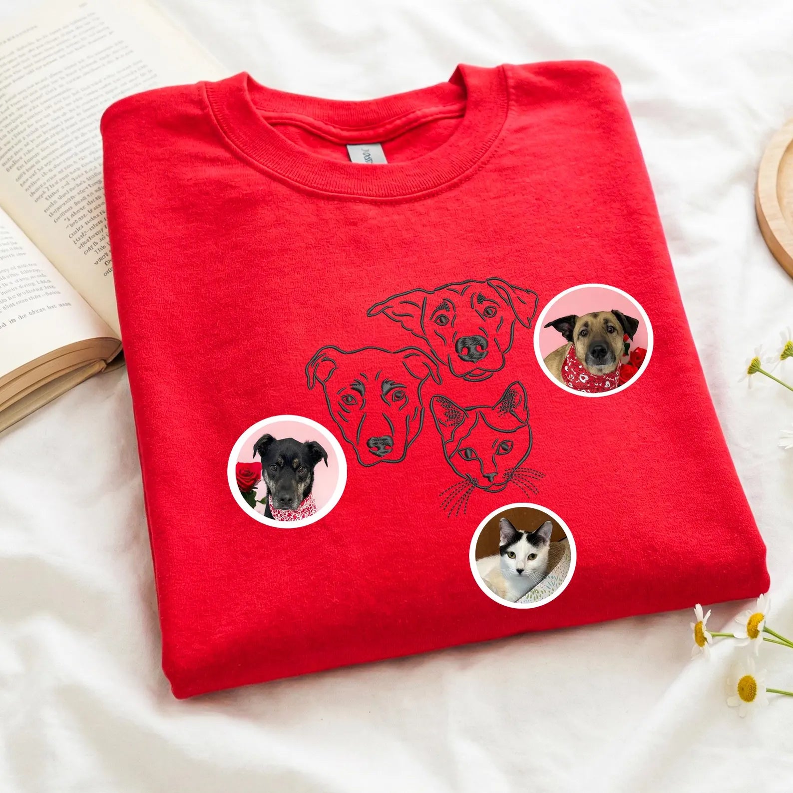Nyhet! Broderad T-shirt med eget foto – Linjetecknad design av ditt husdjur