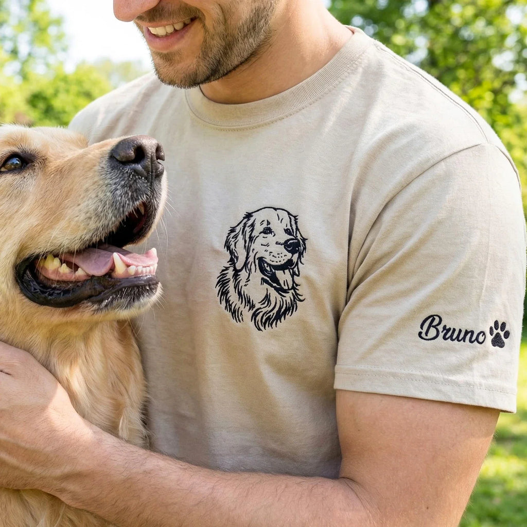 Nyhet! Broderad T-shirt med eget foto – Linjetecknad design av ditt husdjur