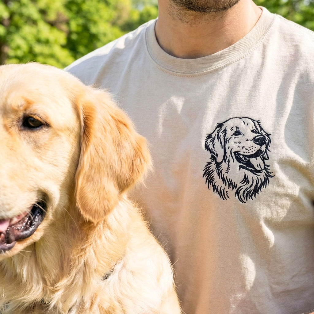 Nyhet! Broderad T-shirt med eget foto – Linjetecknad design av ditt husdjur
