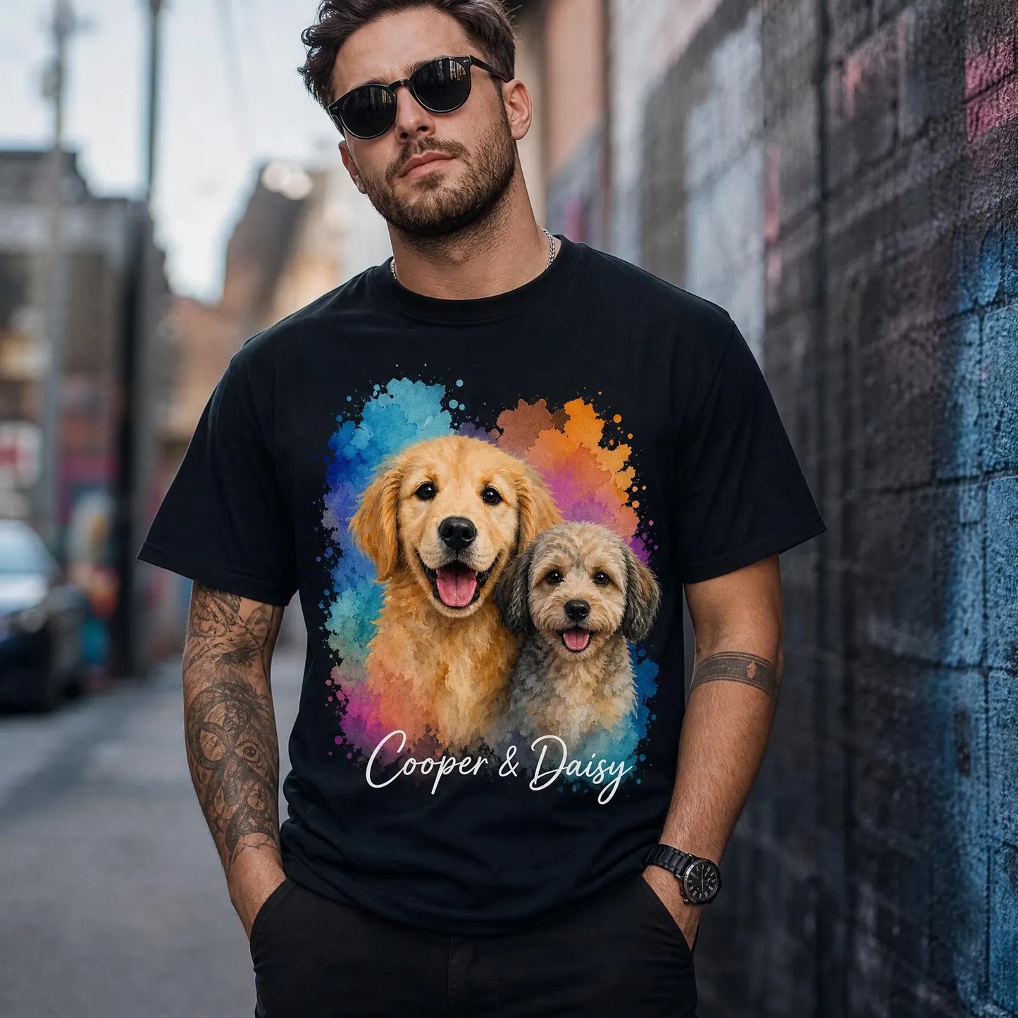 Personlig akvarell-T-shirt med ditt husdjurs porträtt